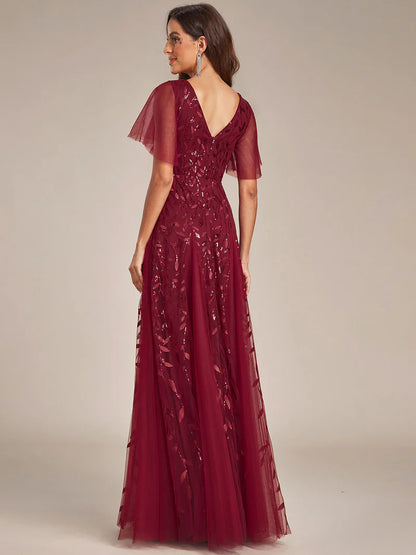 Romantic shimmery evening gown with V-neckline, ruffle sleeves, and floor-length maxi silhouette burgundy dress