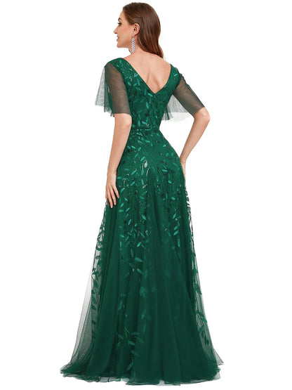Romantic shimmery evening gown with V-neckline, ruffle sleeves, and floor-length maxi silhouette dark green dress