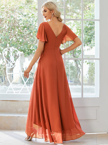 Elegant Burnt Orange chiffon high-low gown for bridesmaids featuring V-neck and soft ruffles