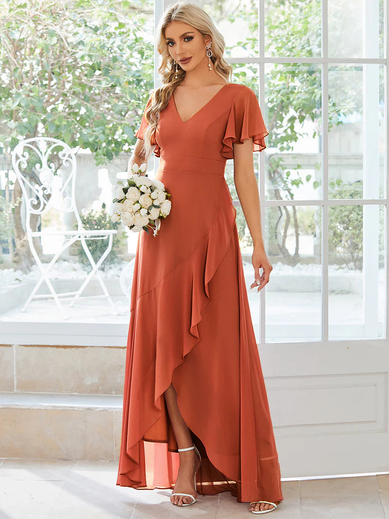 Elegant Burnt Orange chiffon high-low gown for bridesmaids featuring V-neck and soft ruffles