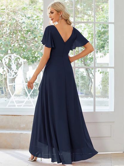 Elegant mint green chiffon high-low gown for bridesmaids featuring V-neck and soft ruffles