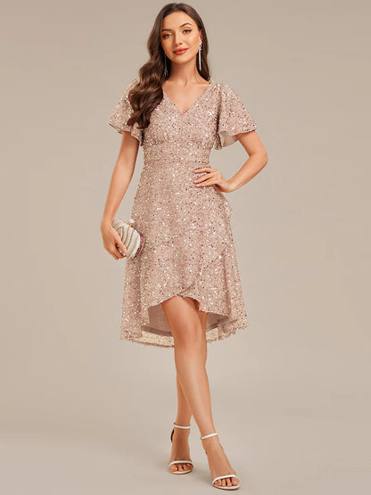 Elegant sequin high-low formal champagne dress featuring short ruffle sleeves and a deep V-neckline – ideal for weddings, galas, or prom nights.
