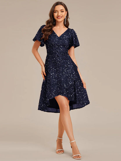 Elegant sequin high-low formal navy blue dress featuring short ruffle sleeves and a deep V-neckline – ideal for weddings, galas, or prom nights.
