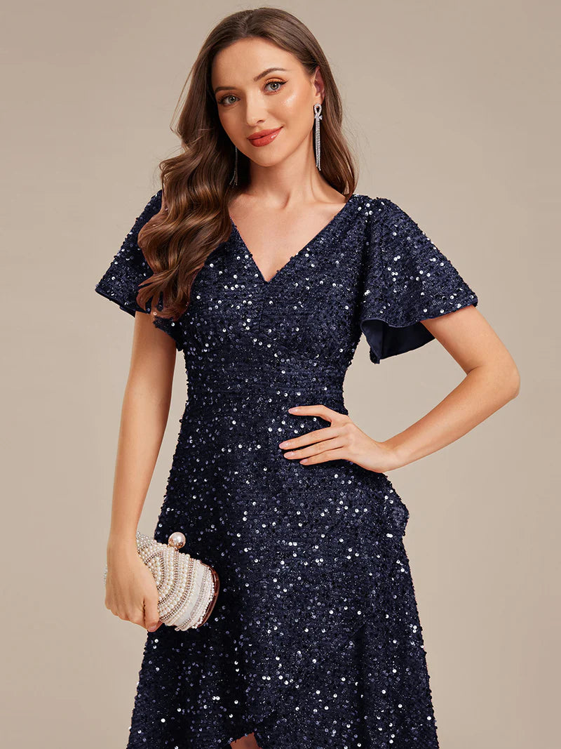 Elegant sequin high-low formal navy blue dress featuring short ruffle sleeves and a deep V-neckline – ideal for weddings, galas, or prom nights.