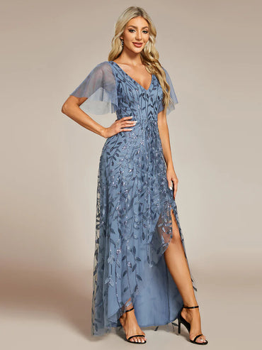 Sequin mesh high-low midi evening dusty blue dress with V-neckline and short sleeves