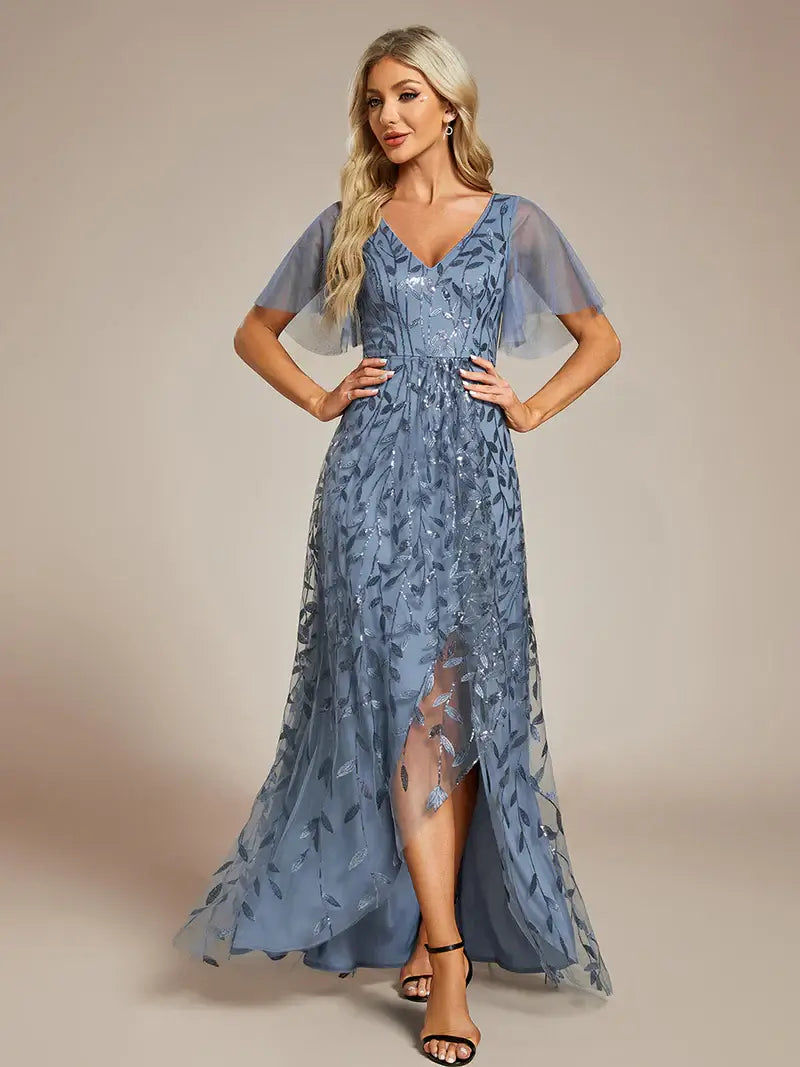 Sequin mesh high-low midi evening dusty blue dress with V-neckline and short sleeves