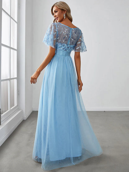 Elegant Sequin Print Floor-Length Evening Dress with Cap Sleeves