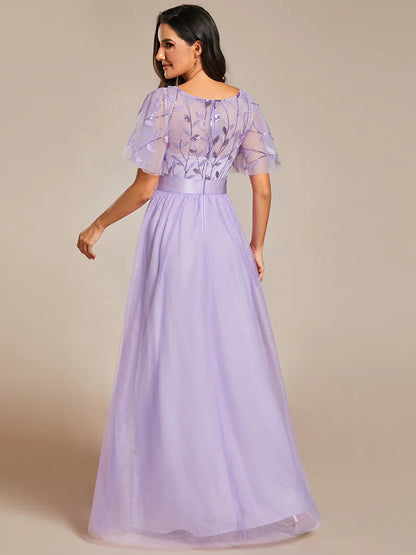 Elegant Sequin Print Floor-Length Evening Dress with Cap Sleeves