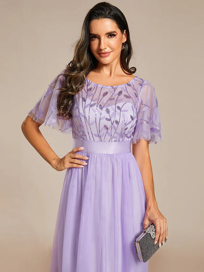 Elegant Sequin Print Floor-Length Evening Dress with Cap Sleeves