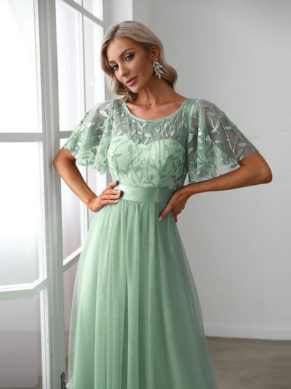 Elegant Sequin Print Floor-Length Evening Dress with Cap Sleeves