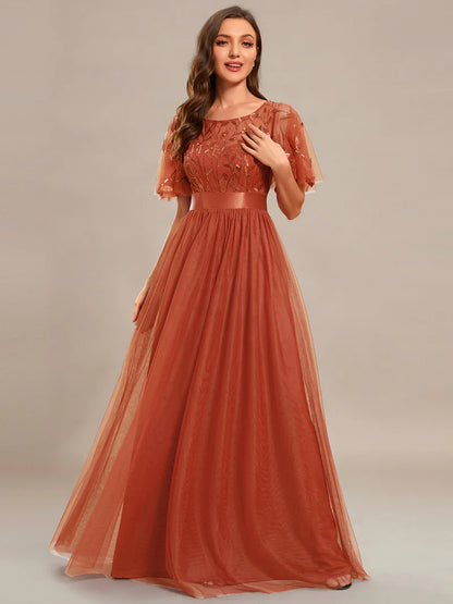 Elegant Sequin Print Floor-Length Evening Dress with Cap Sleeves