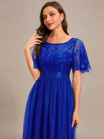 Shapie blue elegant floor-length evening dress with sequin print and cap sleeves