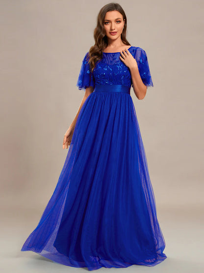 Elegant Sequin Print Floor-Length Evening Dress with Cap Sleeves