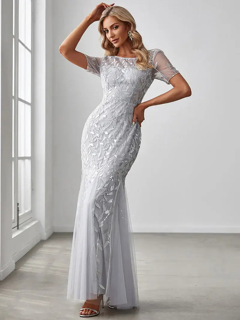 Silver women’s floral sequin fishtail party dress with tulle skirt and elegant mermaid silhouette