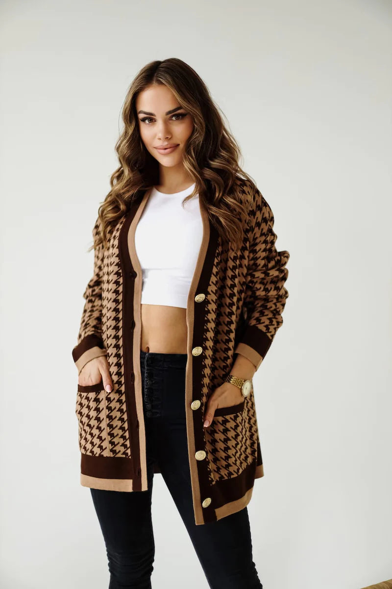 Sofia caramel checkered cardigan, warm neutral knit with cozy elegance