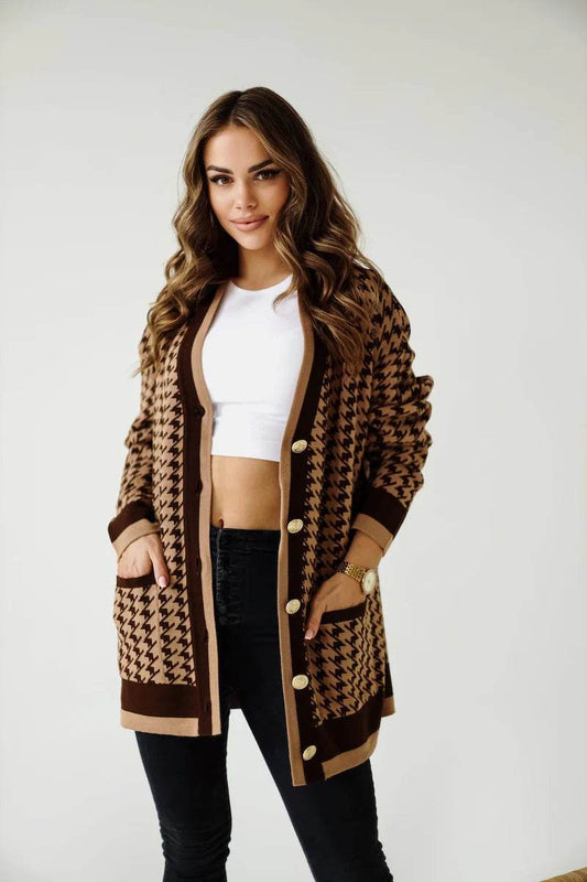 Sofia Caramel Checkered Cardigan – Warm Neutral Knit with Cozy Elegance - Biamonde