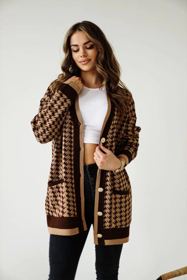 Sofia caramel checkered cardigan, warm neutral knit with cozy elegance