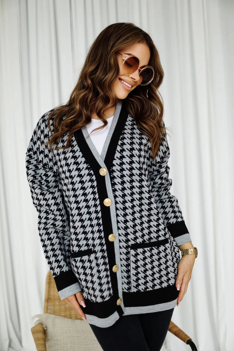 Sofia gray checkered cardigan, soft monochrome knit for effortless layering
