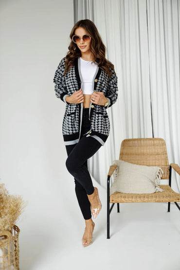 Sofia gray checkered cardigan, soft monochrome knit for effortless layering