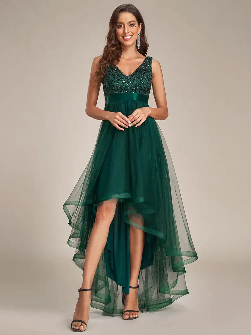 Dark green v-neck fishtail party dress with elegant leaf-shaped sequin embellishments