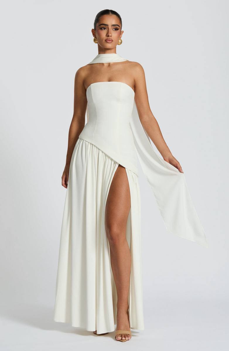 Strapless two-piece white maxi dress with front side slit skirt – perfect for summer or events
