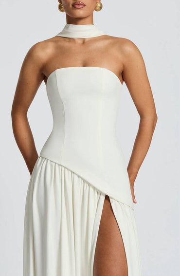 Strapless two-piece white maxi dress with front side slit skirt – perfect for summer or events