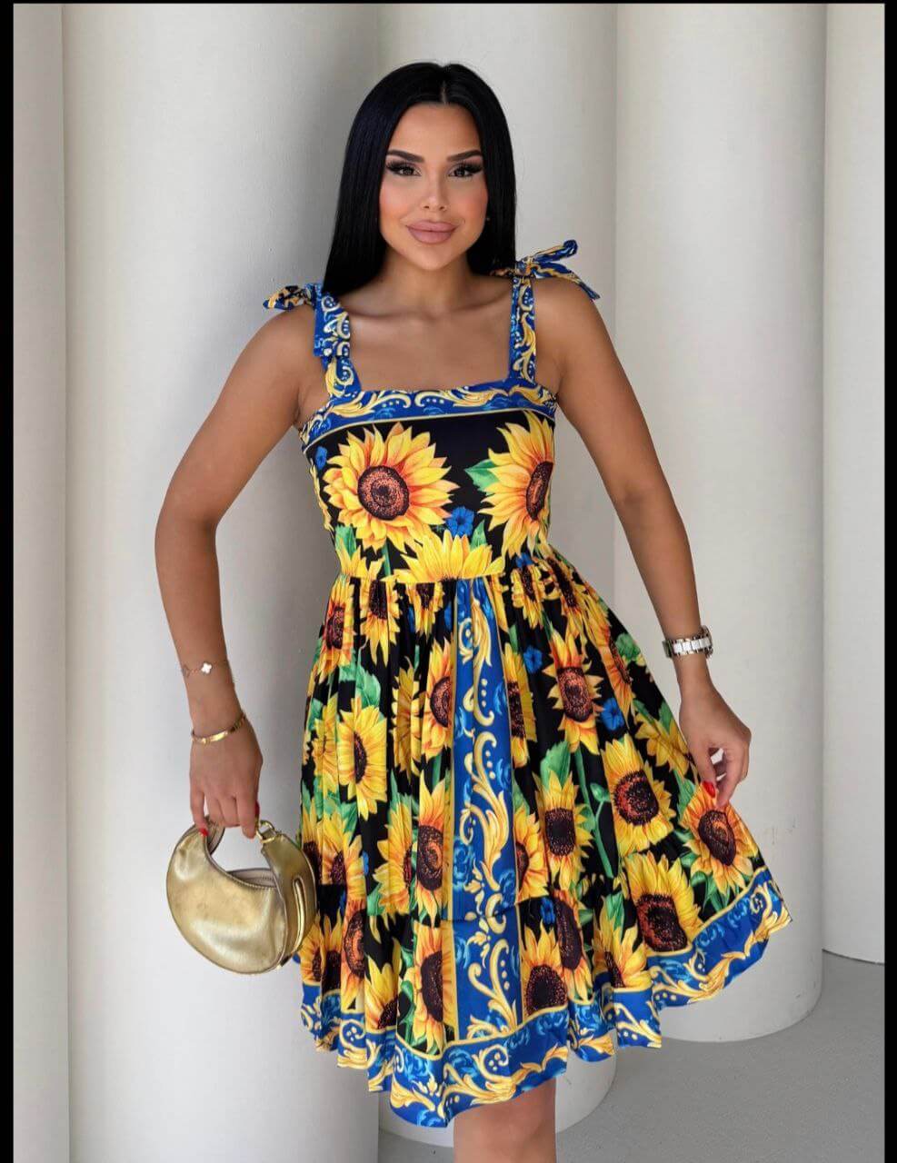 Black and yellow sunflower print summer midi dress with bow tie shoulder straps