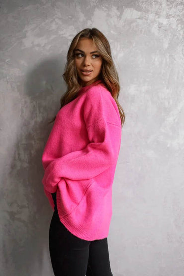 Thick smooth cozy pink sweater, warm and stylish knitwear for everyday wear
