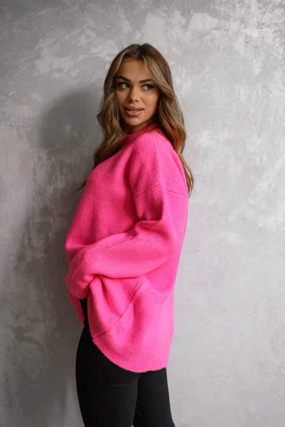 Thick smooth cozy pink sweater, warm and stylish knitwear for everyday wear