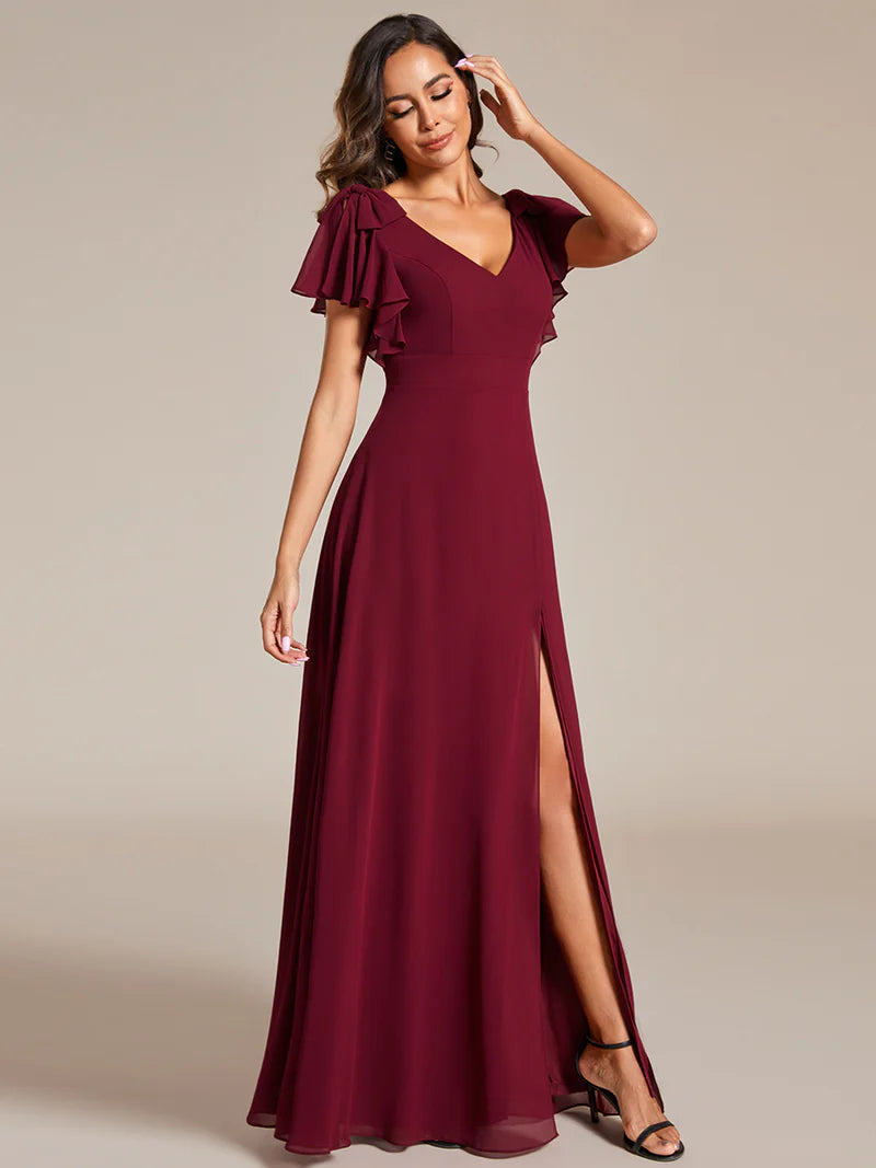 V-neck chiffon burgundy bridesmaid dress with ruffle split sleeves and decorative bowknot