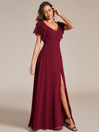 V-neck chiffon burgundy bridesmaid dress with ruffle split sleeves and decorative bowknot
