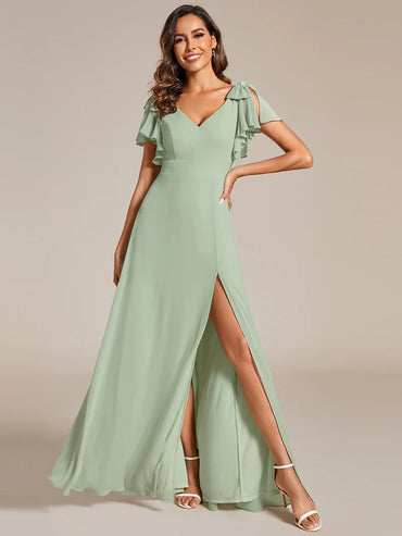 V-neck chiffon mint green bridesmaid dress with ruffle split sleeves and decorative bowknot