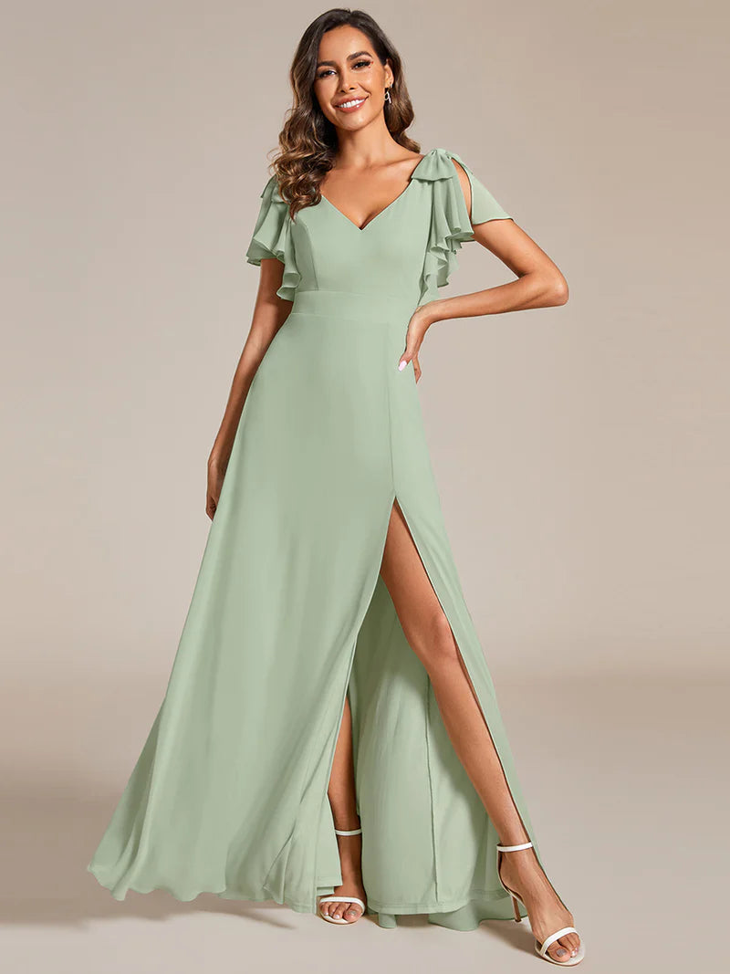 V-neck chiffon mint green bridesmaid dress with ruffle split sleeves and decorative bowknot