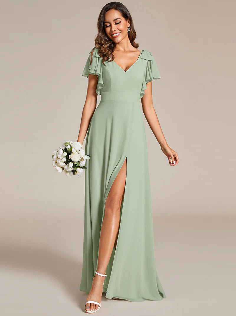 V-neck chiffon mint green bridesmaid dress with ruffle split sleeves and decorative bowknot