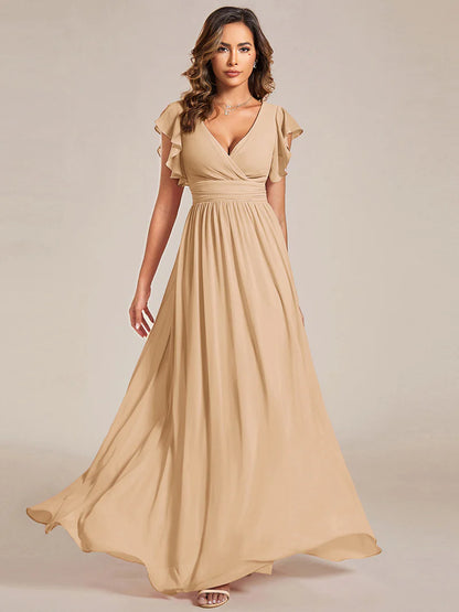 V-Neck Ruffle Bridesmaid Dress – Pleated & Belted Chiffon Gown
