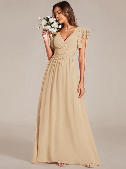 V-Neck Ruffle Bridesmaid Dress – Pleated & Belted Chiffon Gown