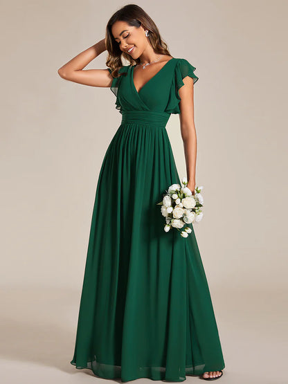 V-Neck Ruffle Bridesmaid Dress – Pleated & Belted Chiffon Gown