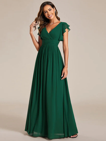 V-Neck Ruffle Bridesmaid Dress – Pleated & Belted Chiffon Gown