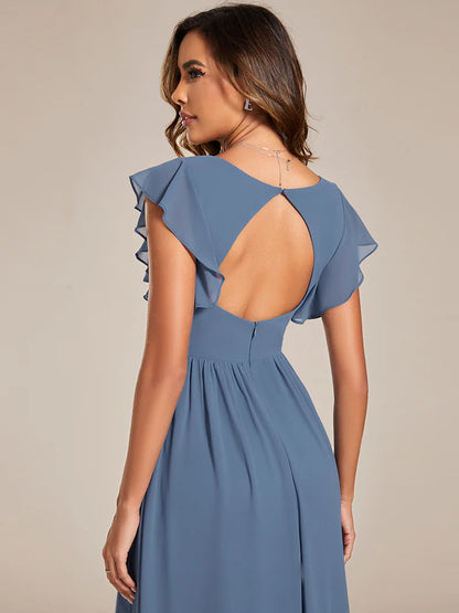 V-Neck Ruffle Bridesmaid Dress – Pleated & Belted Chiffon Gown