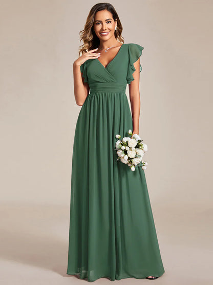 V-Neck Ruffle Bridesmaid Dress – Pleated & Belted Chiffon Gown