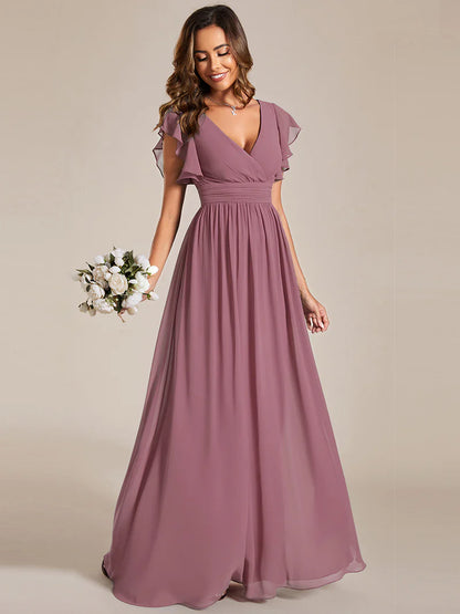V-Neck Ruffle Bridesmaid Dress – Pleated & Belted Chiffon Gown