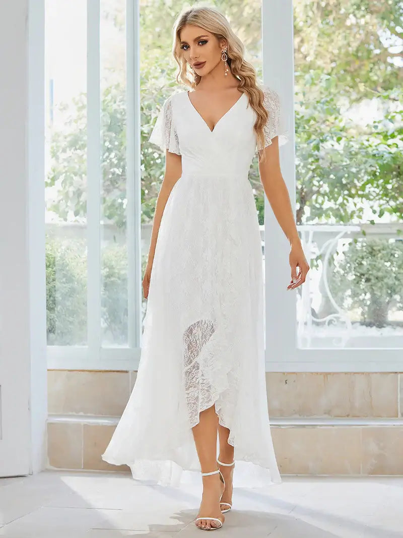White Deep V-Neck A-Line Evening Dress – Sheer Short Sleeves & Elegant Flow