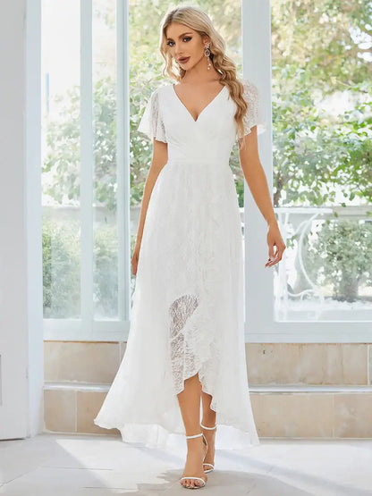 White Deep V-Neck A-Line Evening Dress – Sheer Short Sleeves & Elegant Flow