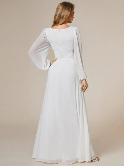 White bridesmaid dress with round neckline and long lantern sleeves