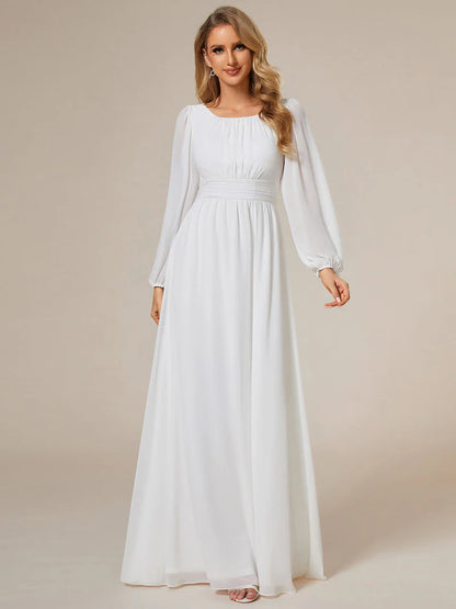White bridesmaid dress with round neckline and long lantern sleeves