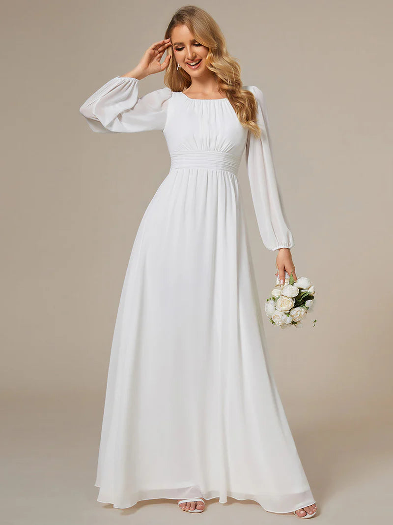 White bridesmaid dress with round neckline and long lantern sleeves
