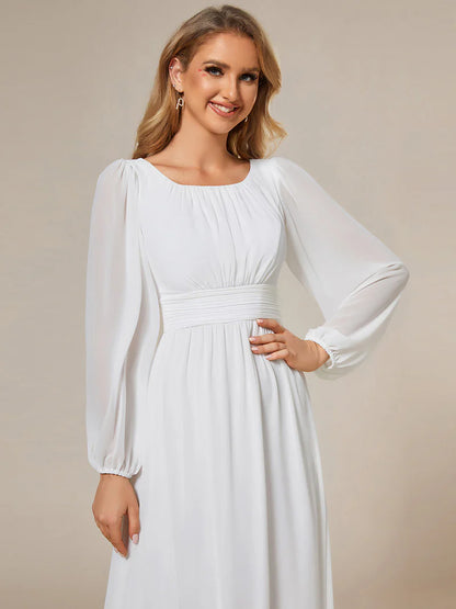 White bridesmaid dress with round neckline and long lantern sleeves