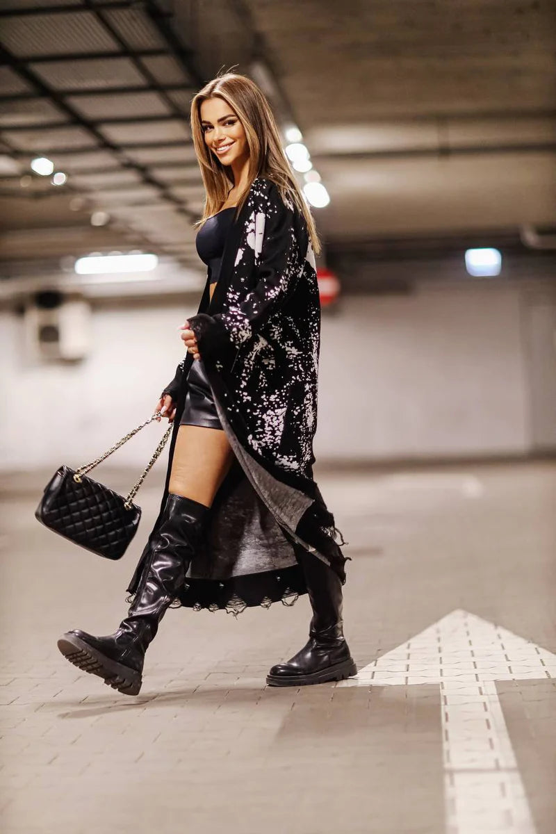 World long black cardigan, elegant extended knit layer for cozy comfort