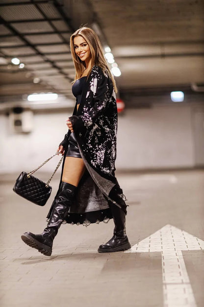 World long black cardigan, elegant extended knit layer for cozy comfort