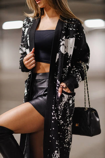 World long black cardigan, elegant extended knit layer for cozy comfort